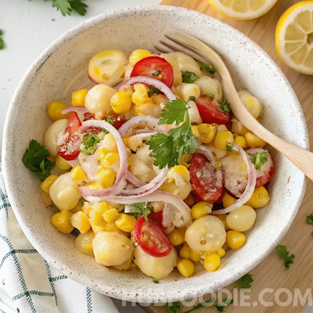 Gnocchi Pasta Salad 42 Bowl of lemon parmesan gnocchi pasta salad with corn, tomatoes, red onions, and parsley.