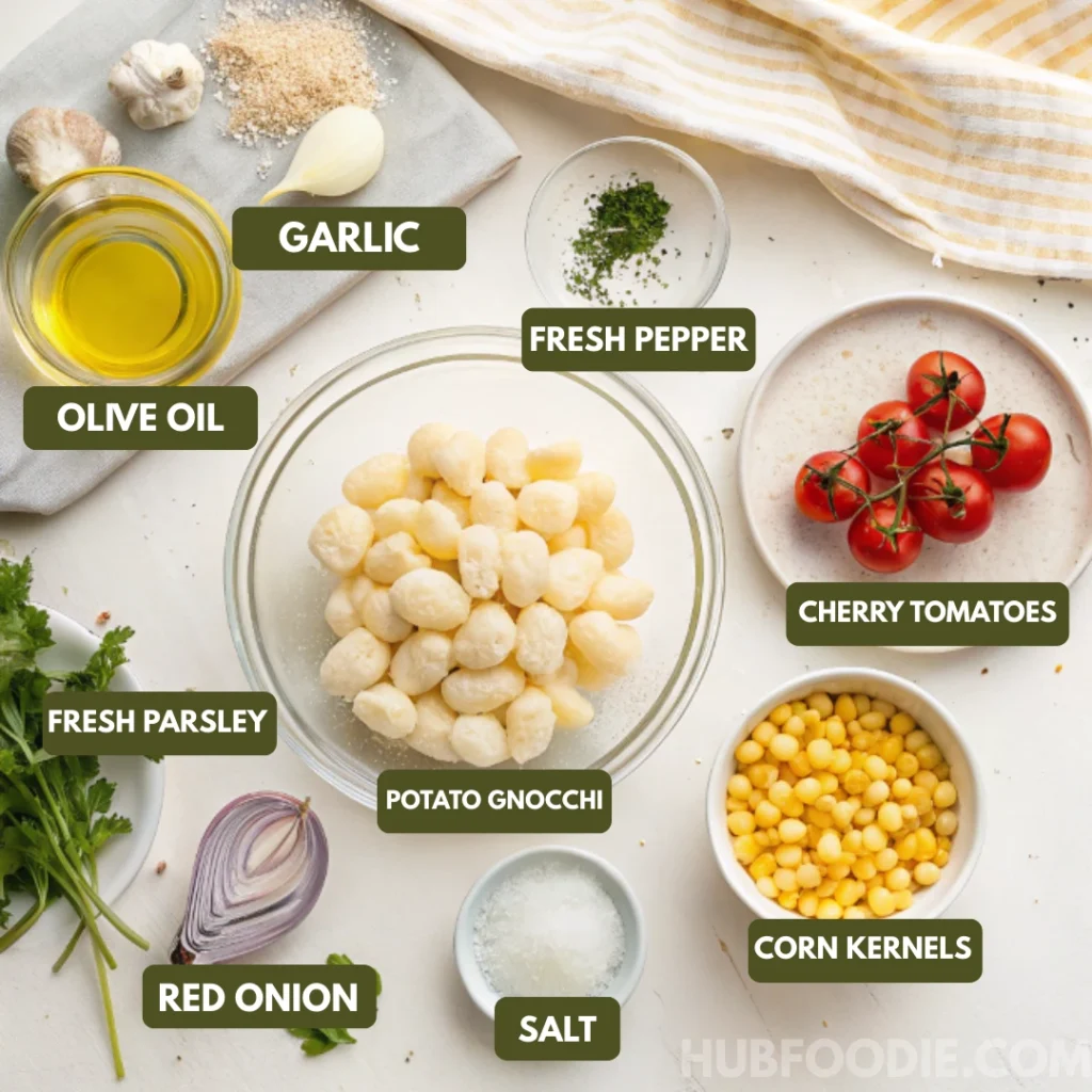 Gnocchi Pasta Salad 36 Labeled ingredients for gnocchi pasta salad, including potato gnocchi, cherry tomatoes, corn, garlic, olive oil, and herbs.