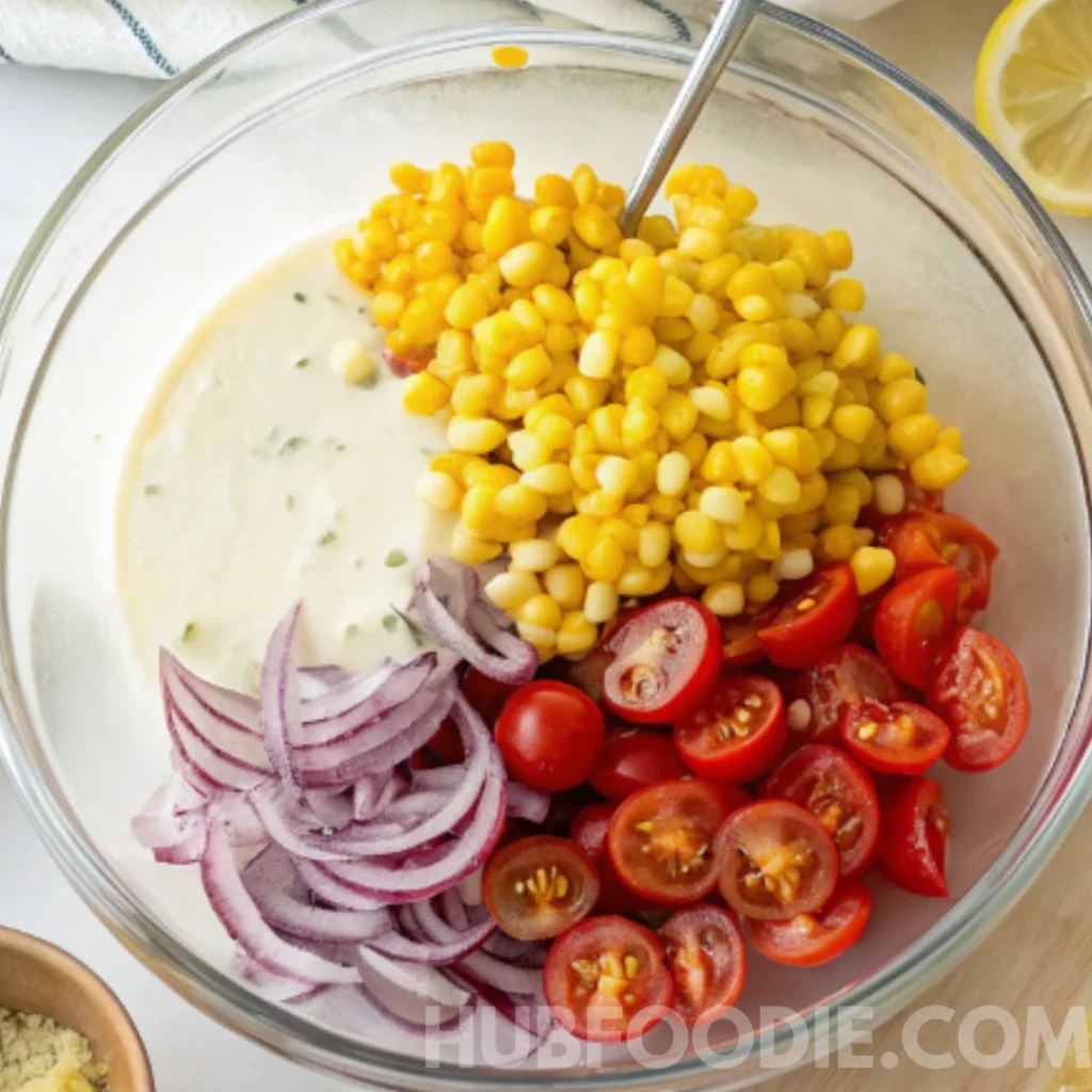 Gnocchi Pasta Salad 40 Corn, cherry tomatoes, and red onions in a bowl with lemon parmesan dressing.