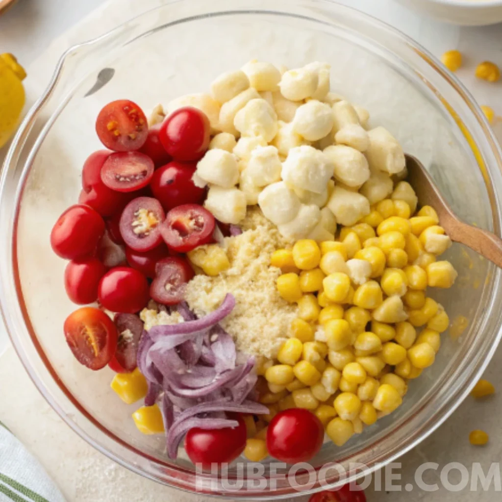 Gnocchi Pasta Salad 41 Glass bowl with gnocchi, cherry tomatoes, corn, red onions, and grated parmesan.