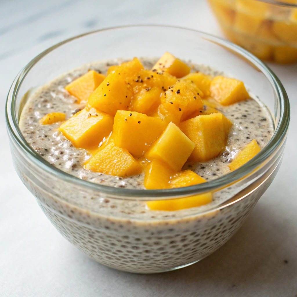 Mango Sago Dessert 15 Mango chia pudding topped with fresh mango cubes in a glass bowl.