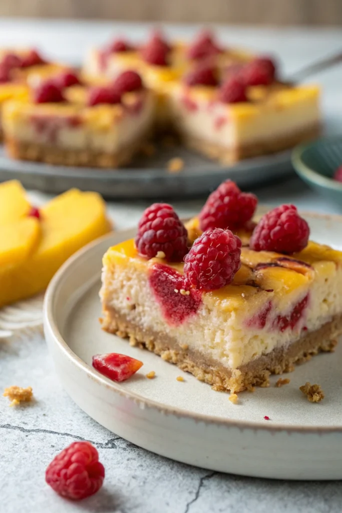 Raw Mango Cheesecake 14 Mango raspberry swirl cheesecake slice with fresh raspberries