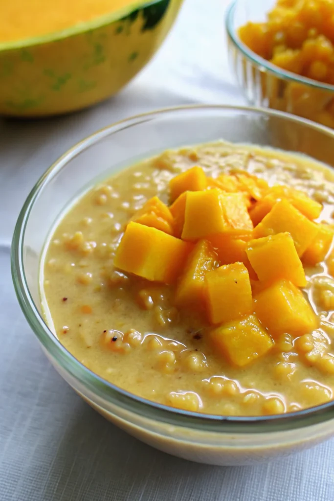 Mango Sago Dessert 13 A serving of Mango Sago Dessert in a glass bowl topped with fresh mango cubes.