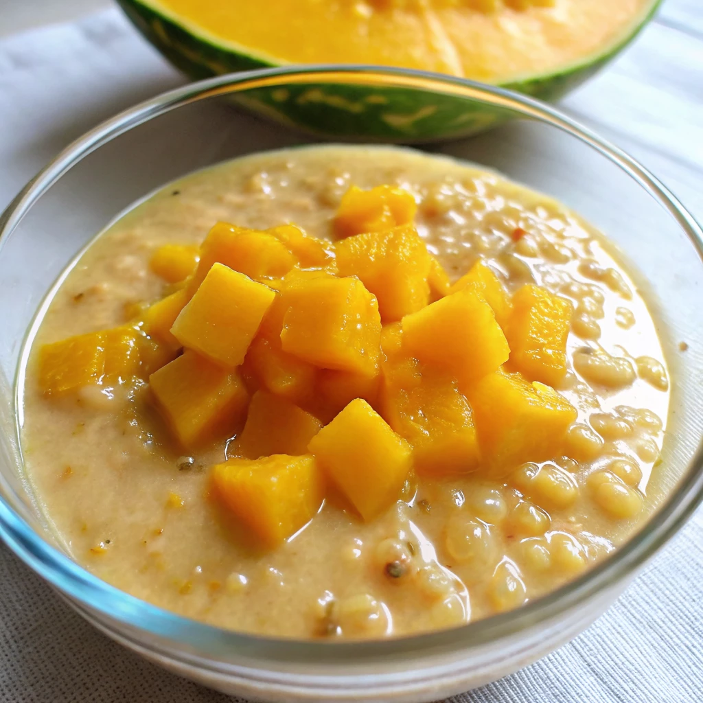 Mango Sago Dessert 10 Mango Sago Dessert topped with cubed ripe mangoes in a clear glass bowl.