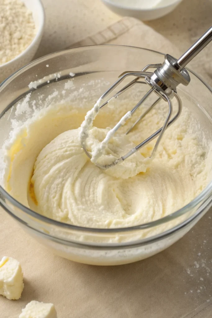 Matcha Basque Cheesecake 19 Cream cheese being whipped in a glass bowl with a hand mixer for matcha Basque cheesecake.