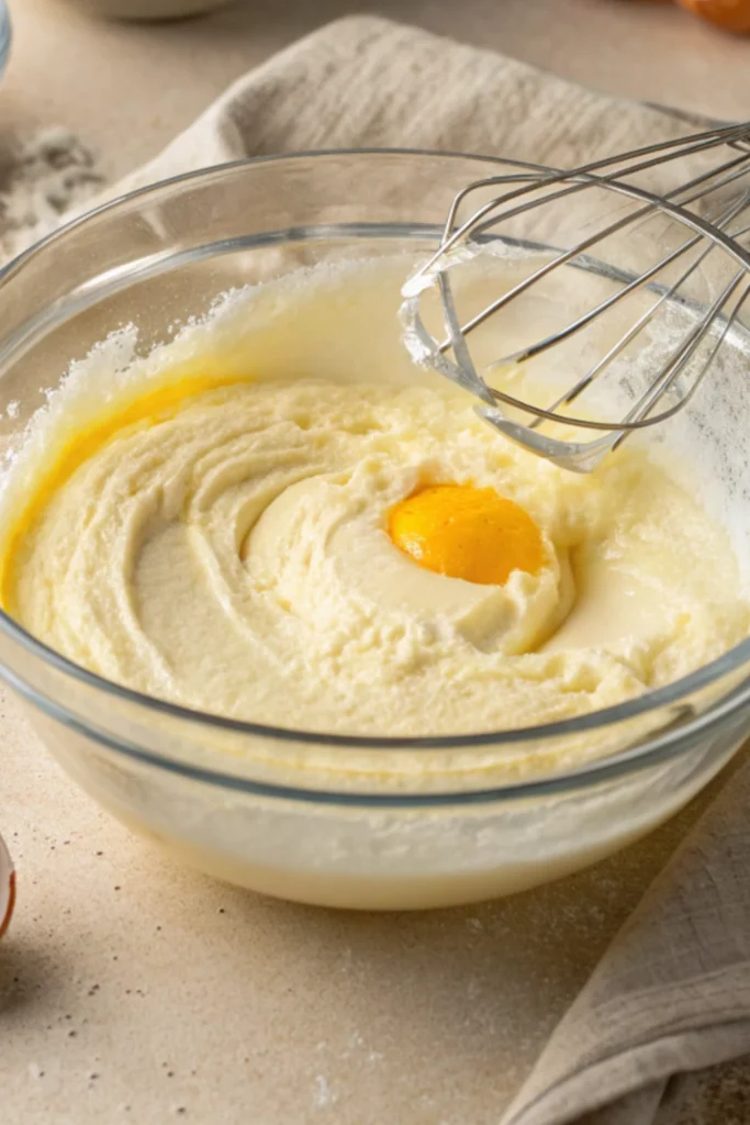 Matcha Basque Cheesecake 20 Egg added to whipped cream cheese mixture in a glass bowl during matcha Basque cheesecake preparation.