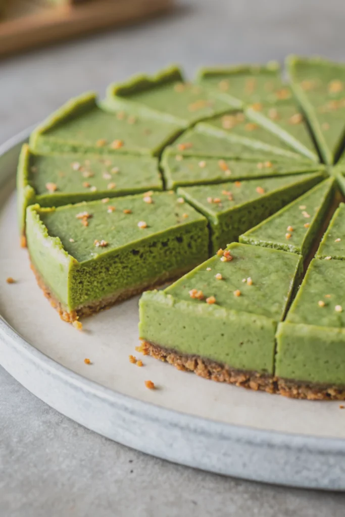 Raw Vegan Matcha Cheesecake Recipe 25 Sliced matcha cheesecake with nutty crust on plate