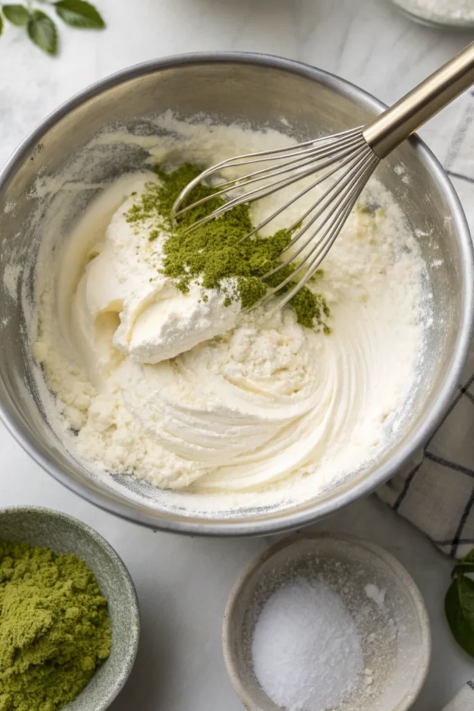 Matcha Cheesecake Recipe 16 Mixing matcha powder into cheesecake filling