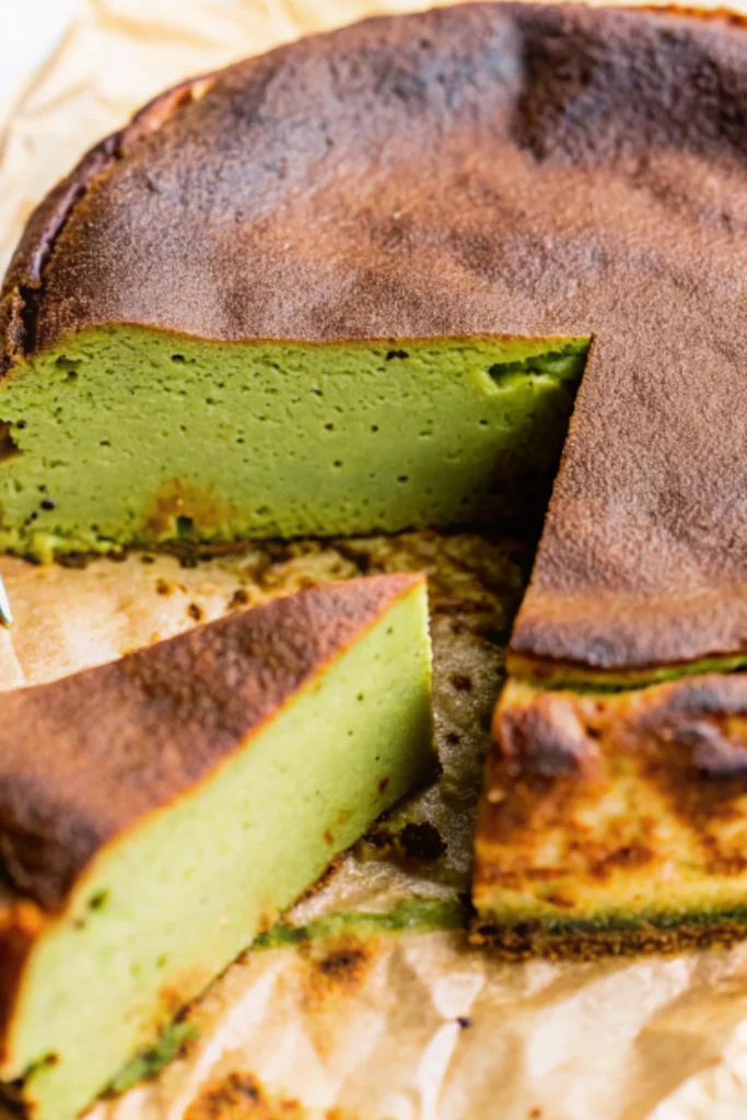 Matcha Basque Cheesecake 27 Sliced matcha Basque cheesecake with a golden crust and vibrant green interior on parchment paper.