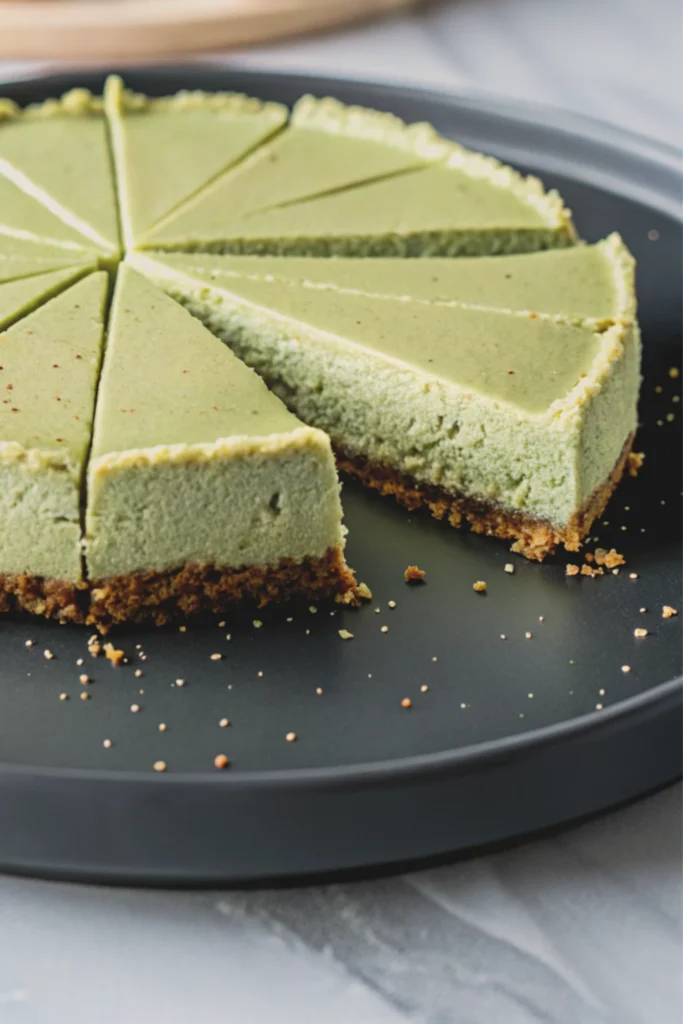 Matcha Cheesecake Recipe 18 Sliced matcha cheesecake with cookie crust on black plate