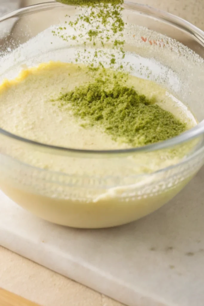 Matcha Basque Cheesecake 21 Matcha powder being added to cheesecake batter in a glass mixing bowl.