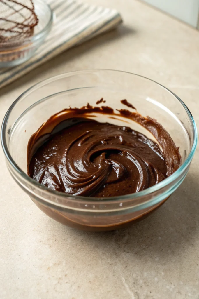 Vegan Chocolate Coconut Bars 15 Melted chocolate mixture in a glass bowl for Vegan Chocolate Coconut Bars