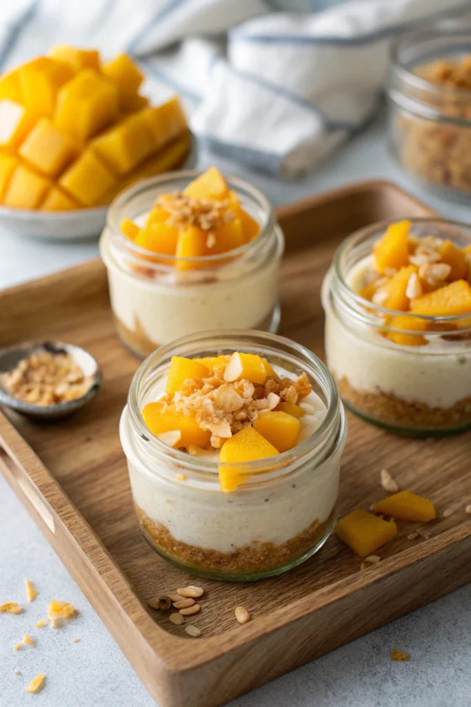 Raw Mango Cheesecake 13 Mini raw mango cheesecake jars with diced mango and crumble