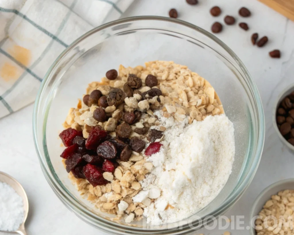 Nut Free Granola Bars Recipe 14 Dry ingredients for nut free granola bars in a mixing bowl, including oats, dried cranberries, chocolate chips, and coconut flour