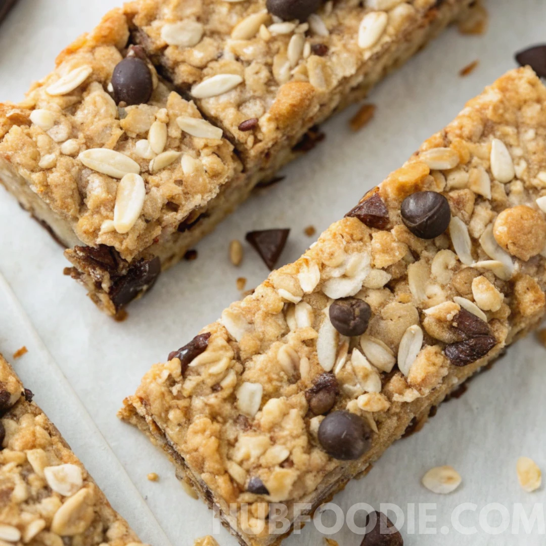 Nut free granola bars with chocolate chips and oats on parchment paper