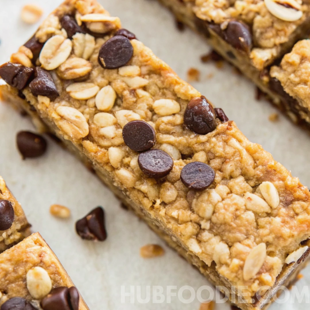 Nut Free Granola Bars Recipe 11 Nut free granola bars topped with chocolate chips and oats on parchment paper