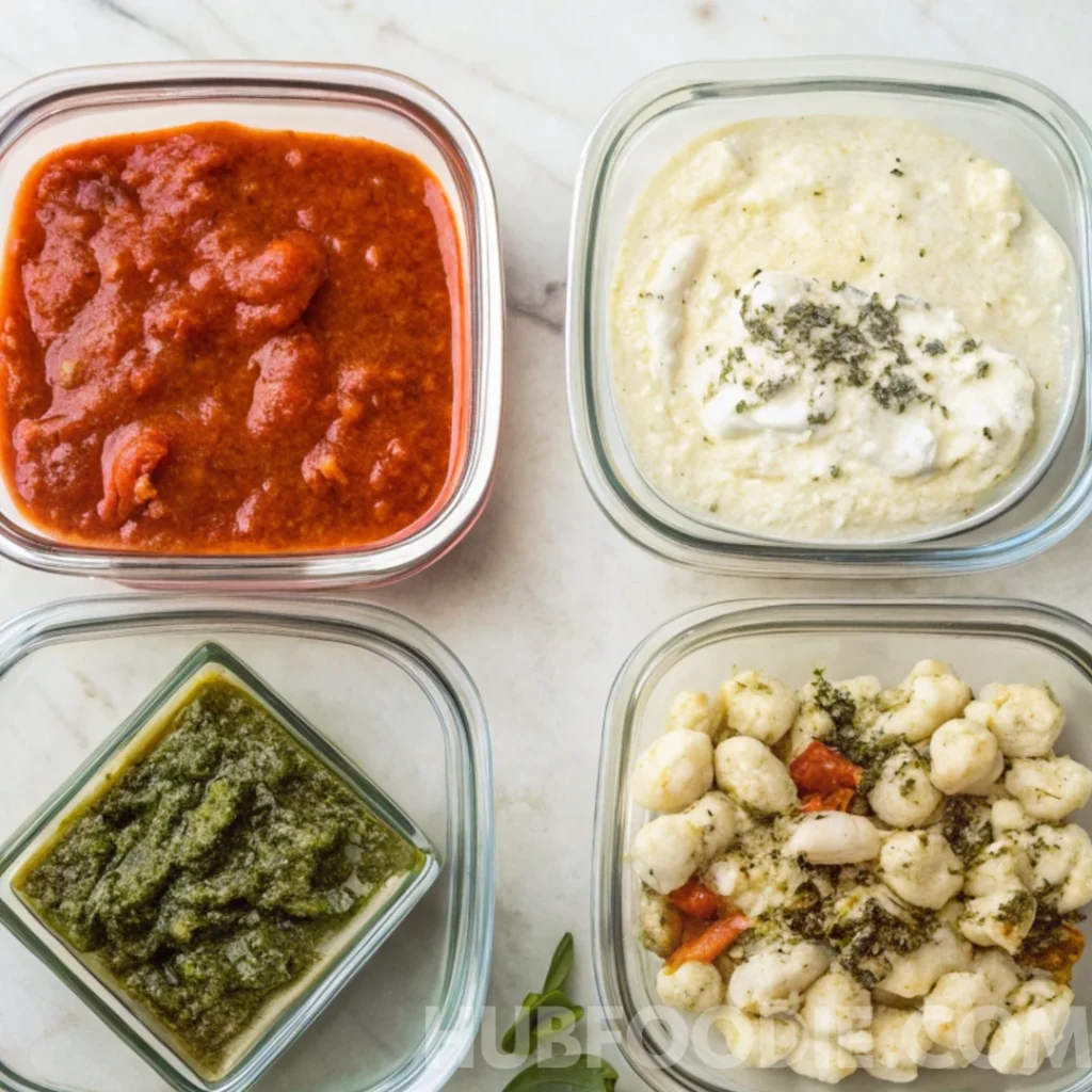 Gnocchi Amalfitani Recipe 35 Four glass containers with different gnocchi sauces, including tomato, white cheese, pesto, and a mixed gnocchi dish.