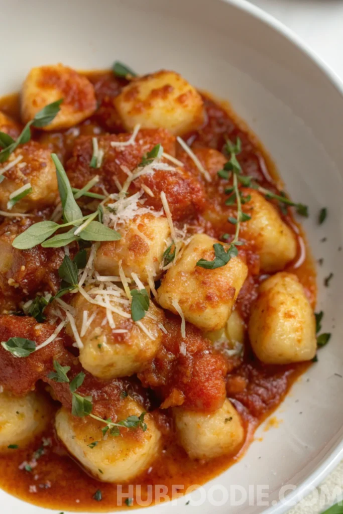 Cheesy Gnocchi Recipe 27 Potato gnocchi topped with rich tomato sauce, fresh herbs, and grated parmesan in a white bowl.