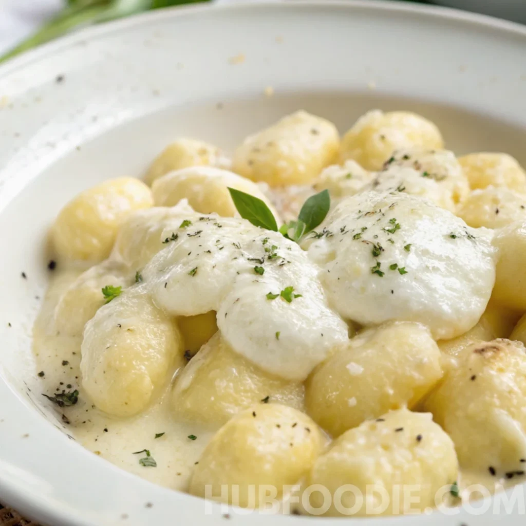 Potato Gnocchi Sauce Recipe 25 Potato gnocchi topped with melted mozzarella cheese in a creamy white sauce, garnished with herbs.