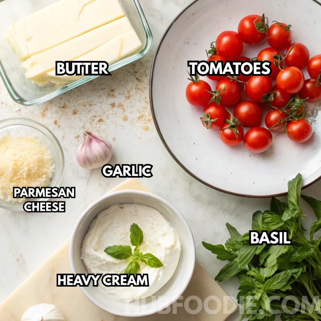 Potato Gnocchi Sauce Recipe 17 Flat lay of fresh tomato cream sauce ingredients: butter, tomatoes, garlic, basil, parmesan cheese, and heavy cream.