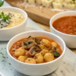 Three bowls of potato gnocchi sauce recipe : creamy cheese sauce, marinara sauce, and creamy tomato mushroom gnocchi.