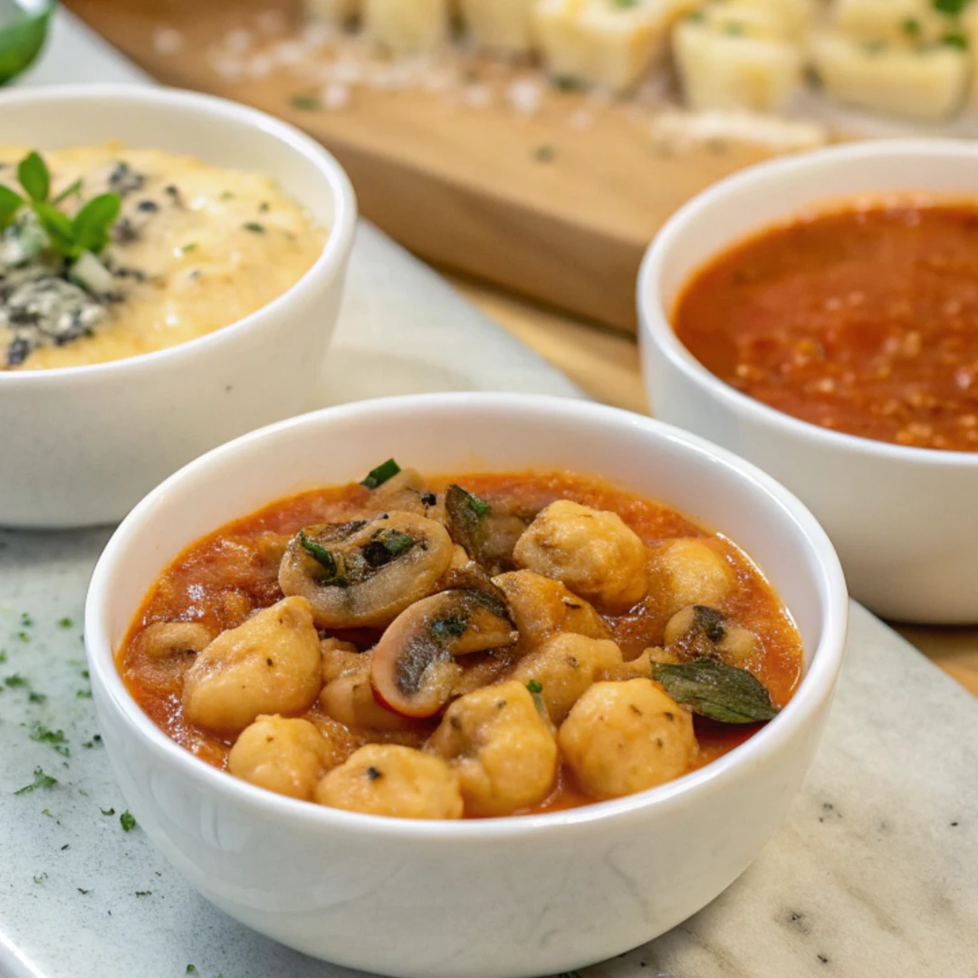 Three bowls of potato gnocchi sauce recipe : creamy cheese sauce, marinara sauce, and creamy tomato mushroom gnocchi.