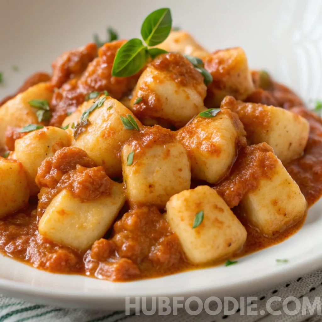 Potato Gnocchi Sauce Recipe 15 Plate of potato gnocchi covered in tomato sauce, garnished with fresh green herbs.