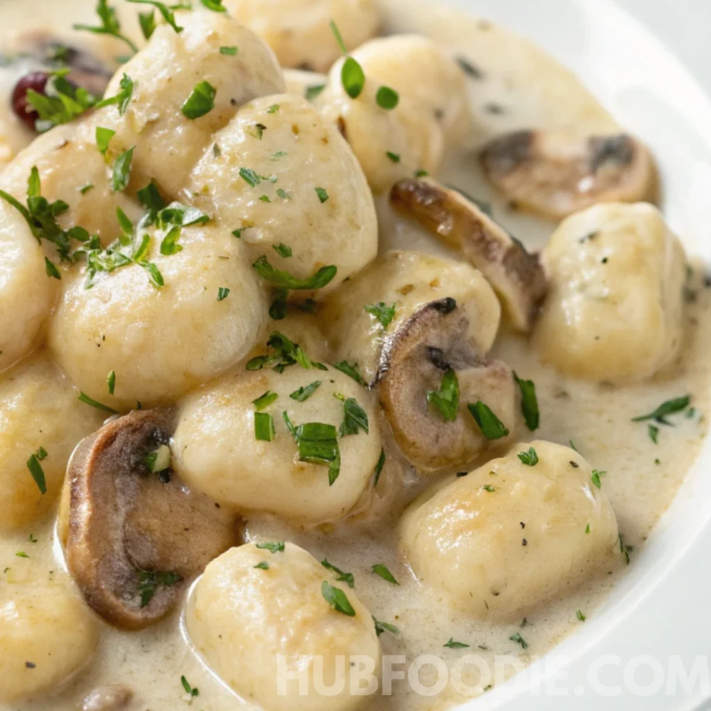 Potato Gnocchi Sauce Recipe 24 Creamy mushroom sauce covering soft potato gnocchi, garnished with chopped parsley.