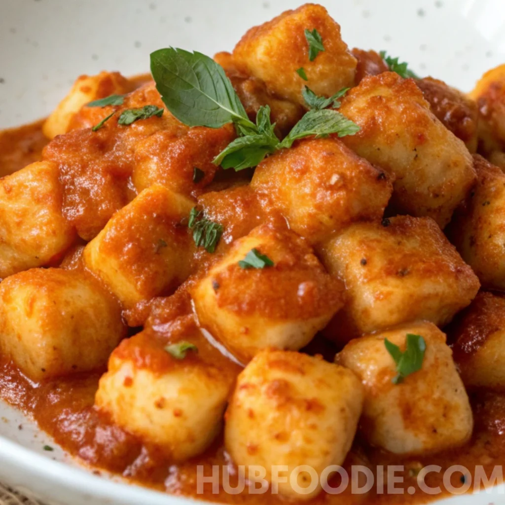 Potato Gnocchi Sauce Recipe 14 Close-up of golden-brown potato gnocchi coated in red tomato sauce, garnished with fresh herbs.