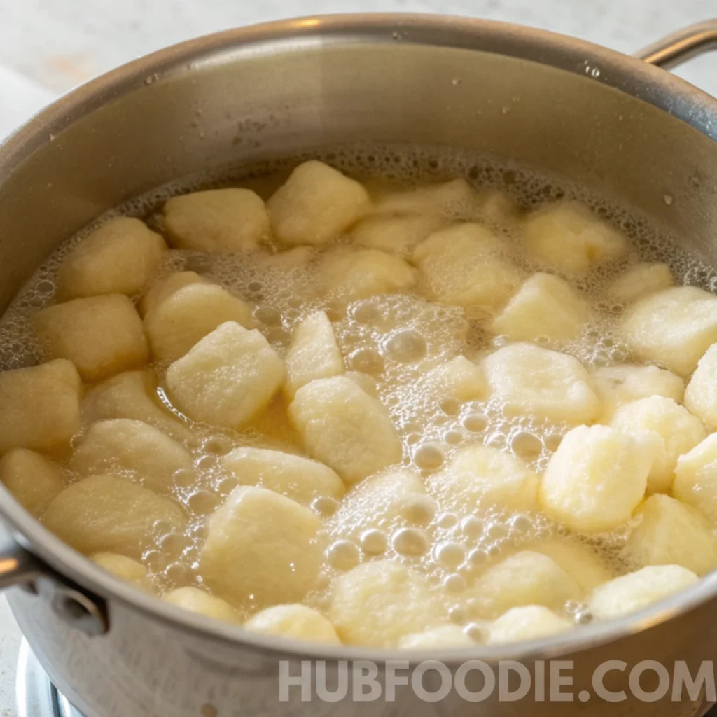 Potato Gnocchi Sauce Recipe 18 Gnocchi boiling in a pot of hot water with bubbles on the surface.