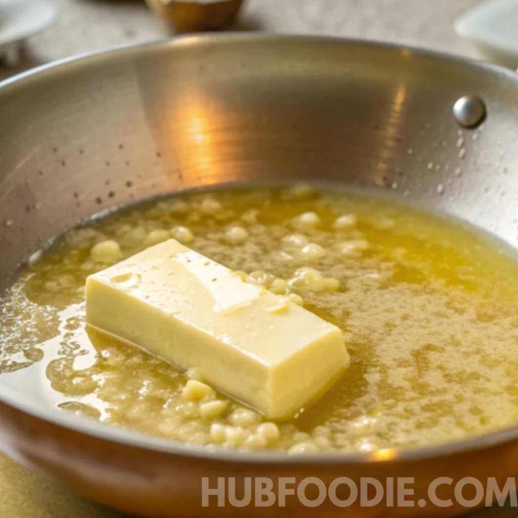 Potato Gnocchi Sauce Recipe 19 Butter melting in a skillet with minced garlic for sauce preparation.