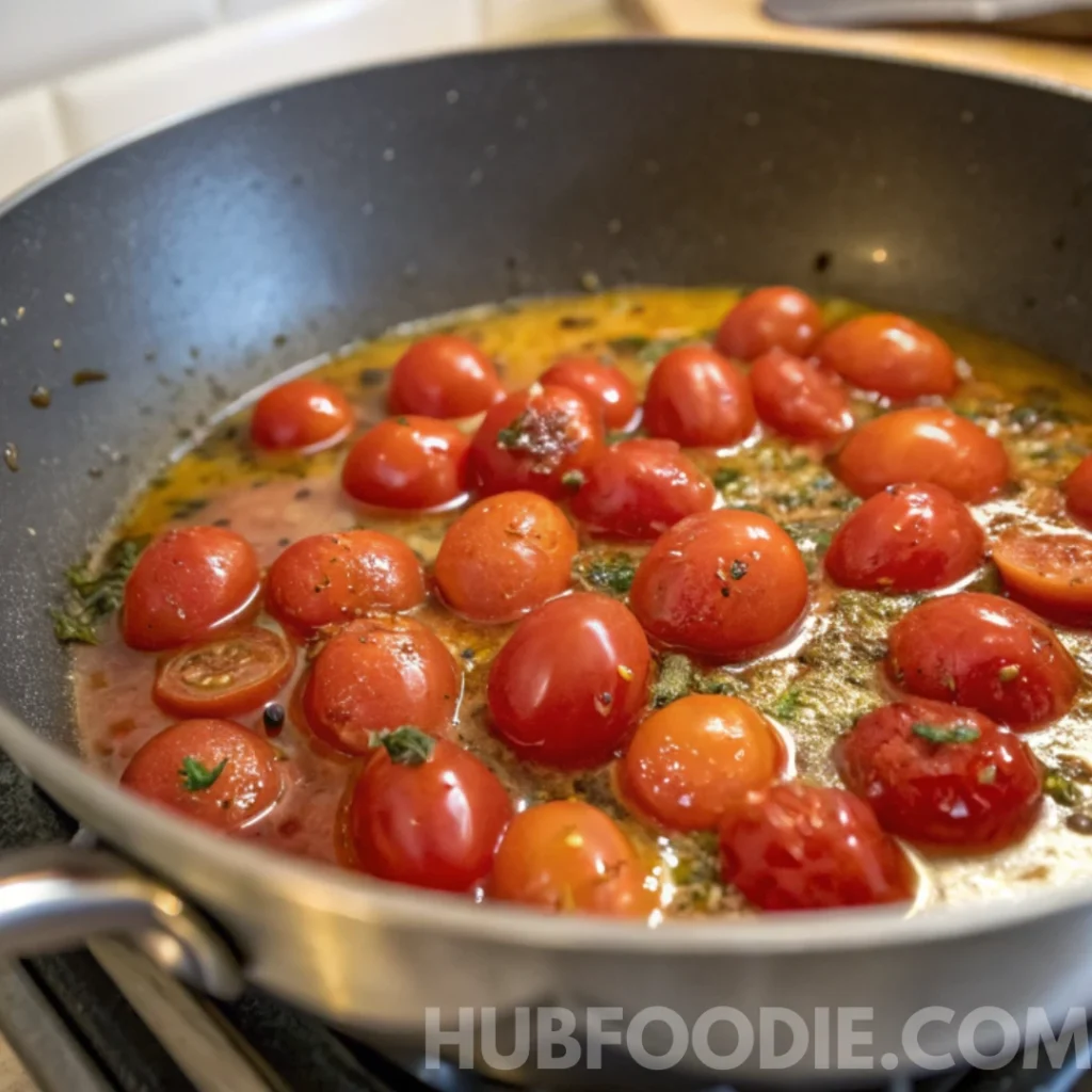Potato Gnocchi Sauce Recipe 20 Whole cherry tomatoes simmering in a pan with butter, garlic, and herbs.