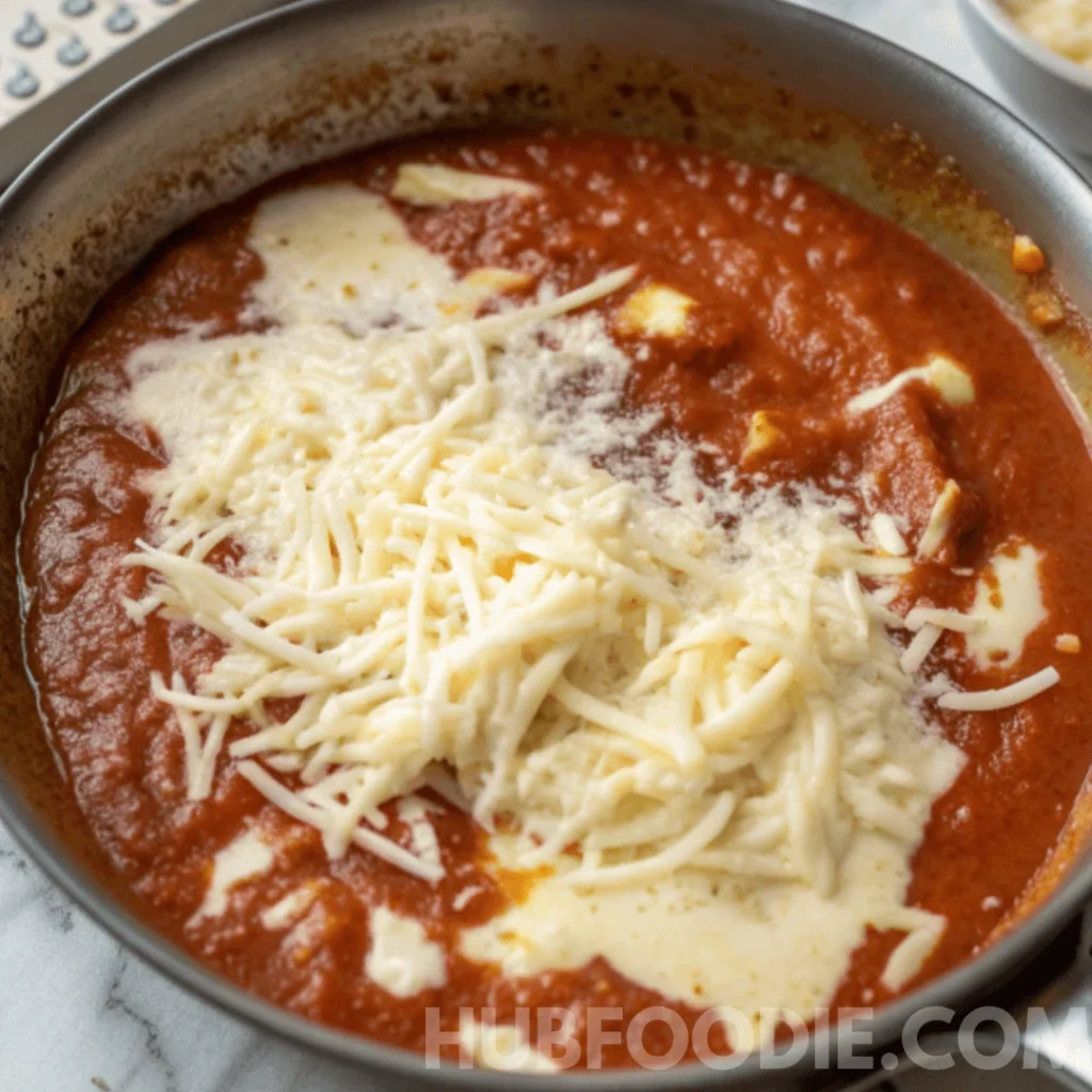 Potato Gnocchi Sauce Recipe 21 Tomato sauce in a pan with cream and shredded cheese melting on top.