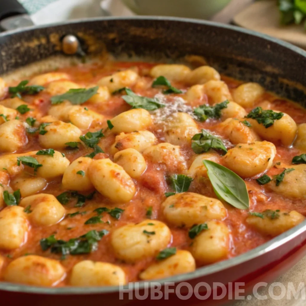 Potato Gnocchi Sauce Recipe 22 Potato gnocchi in a creamy tomato sauce garnished with fresh herbs in a skillet.