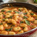 Potato Gnocchi Sauce Recipe 26 Potato gnocchi in a creamy tomato sauce garnished with fresh herbs in a skillet.