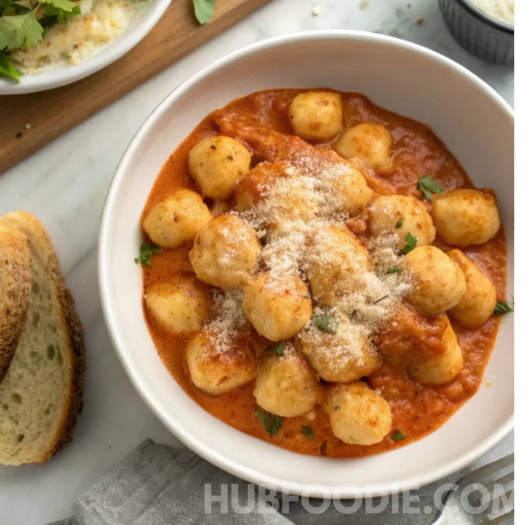 Potato Gnocchi Sauce Recipe 23 Bowl of creamy tomato gnocchi topped with grated Parmesan and fresh herbs, served with bread on the side.