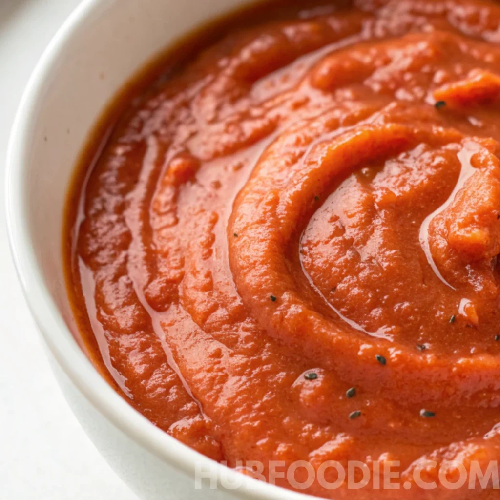 Potato Gnocchi Sauce Recipe 16 Close-up of smooth, velvety tomato cream sauce in a white bowl with a glossy finish.