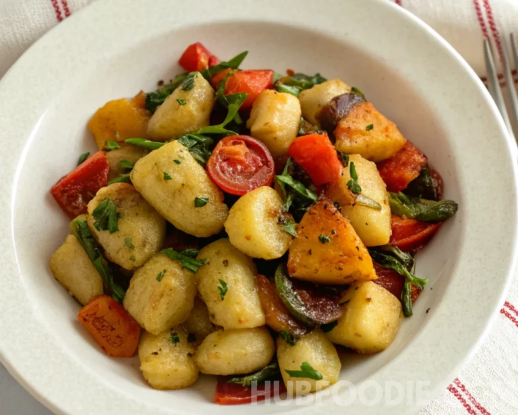 Gnocchi Pasta Salad 60 Potato gnocchi with roasted vegetables including sweet potatoes, cherry tomatoes, peppers, and greens.