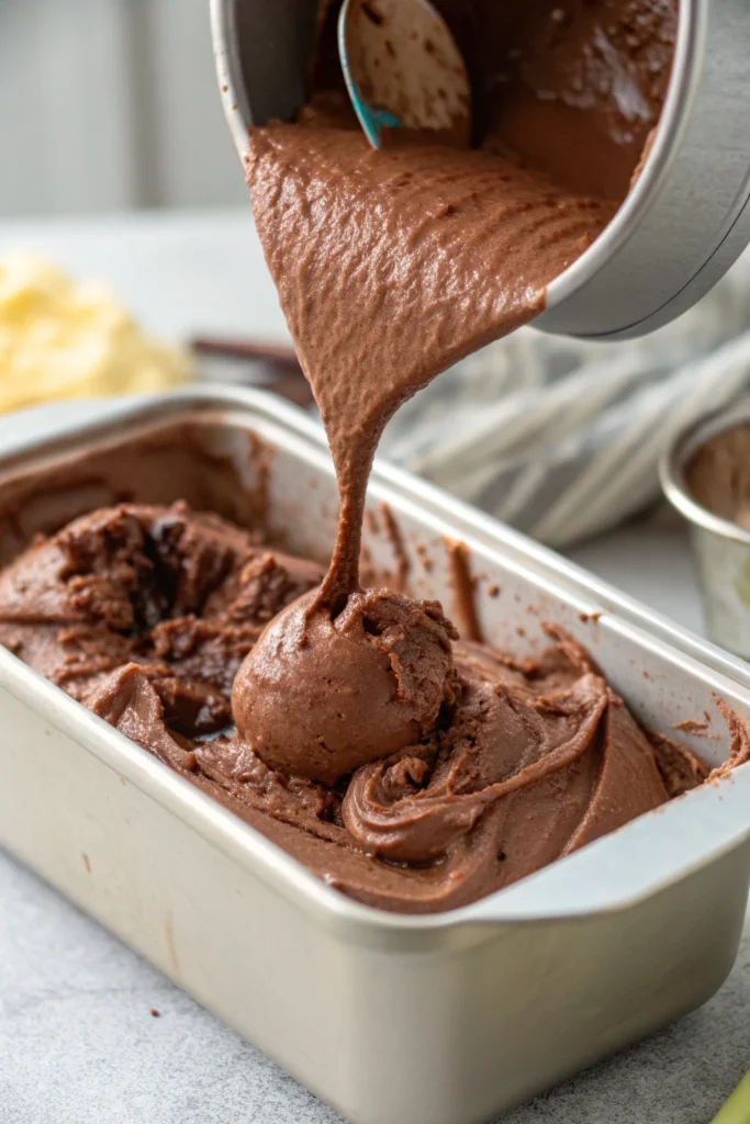 Vegan Dark Chocolate Ice Cream Recipe 17 Pouring vegan dark chocolate ice cream into container