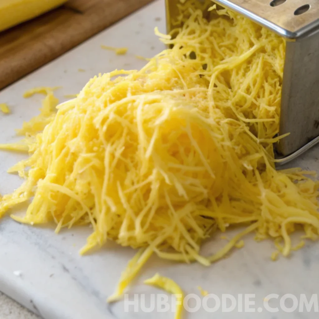 Squash Bread Recipe 19 Freshly grated yellow squash on a marble surface next to a box grater.