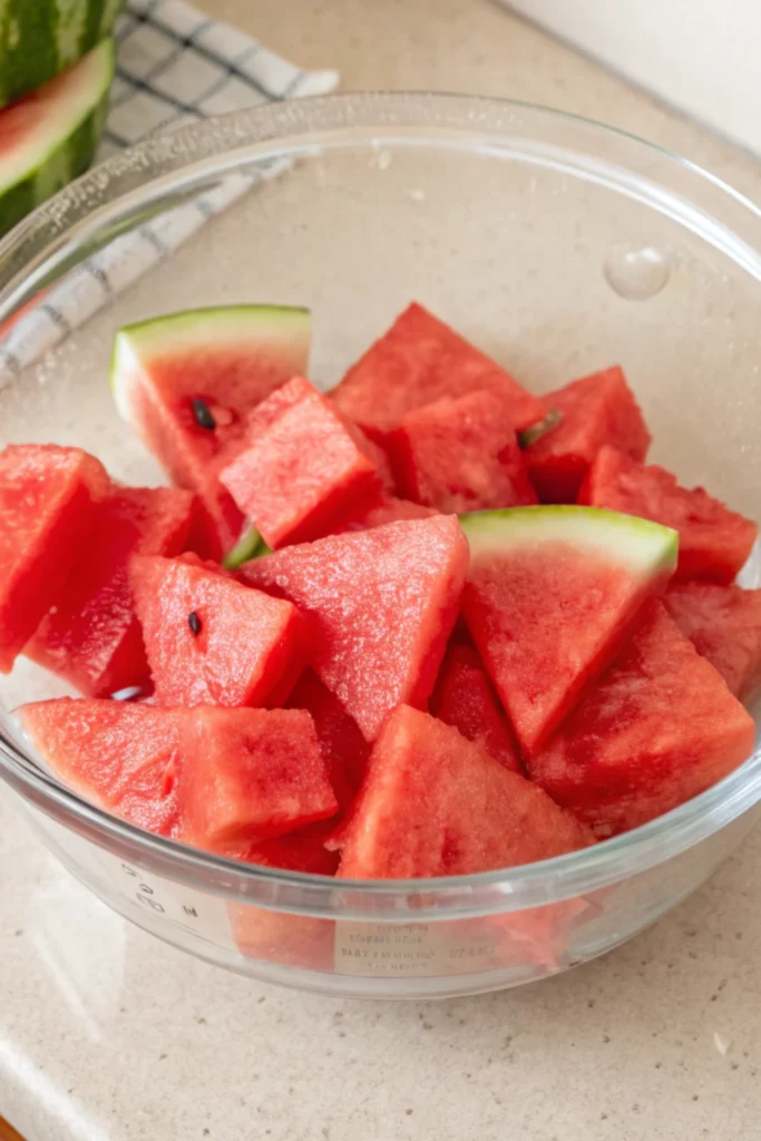 Watermelon fries 11 Chopped watermelon pieces in a glass bowl for making watermelon fries