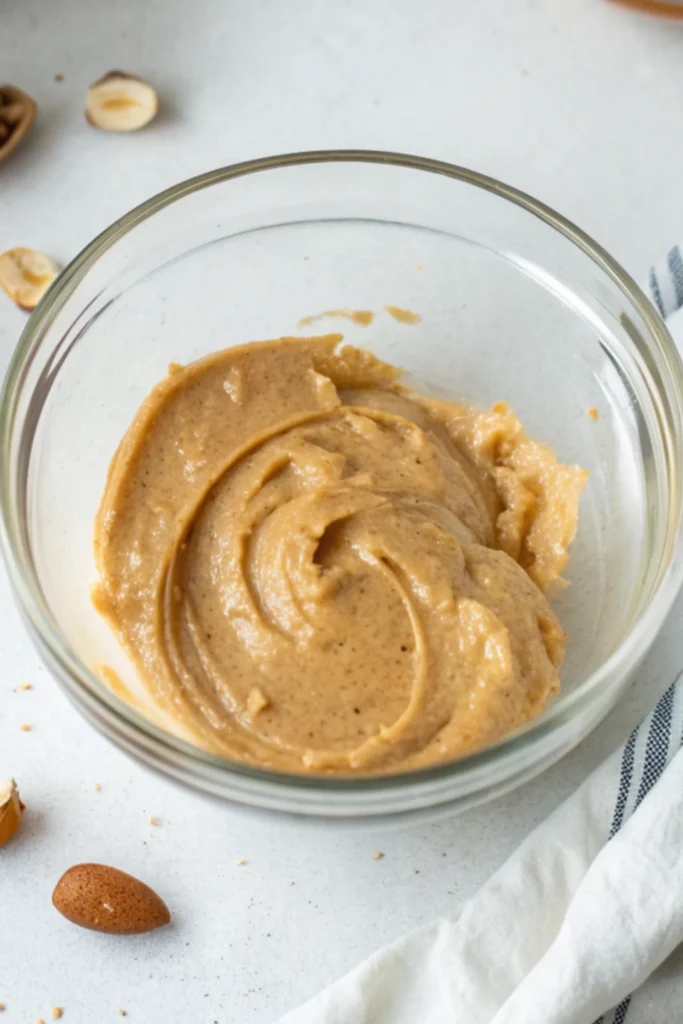 Homemade Protein Granola Bars 20 Nut butter mixture for homemade protein granola bars in a glass bowl