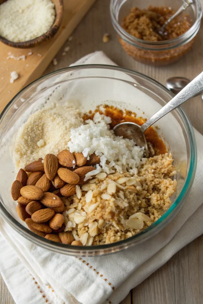 Raw Mango Cheesecake 10 Ingredients for raw mango cheesecake crust in a glass bowl