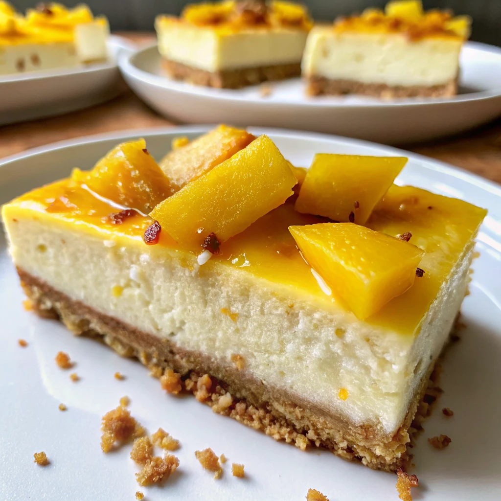 Raw Mango Cheesecake 9 Slice of raw mango cheesecake with fresh mango topping