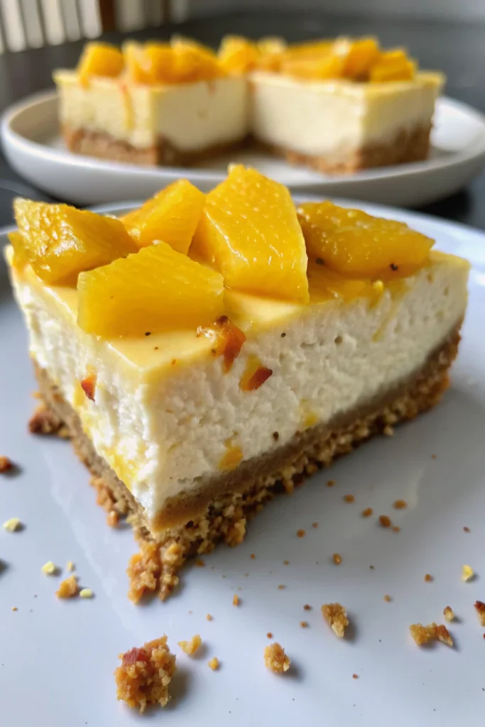 Raw Mango Cheesecake 12 Raw mango cheesecake slice with fresh mango topping