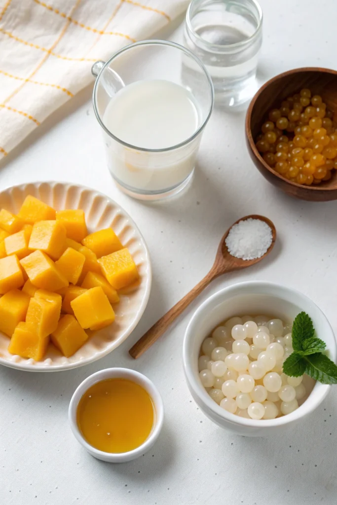 Mango Sago Dessert 11 Ingredients for Mango Sago Dessert including diced mangoes, tapioca pearls, coconut milk, syrup, and salt on a white surface.