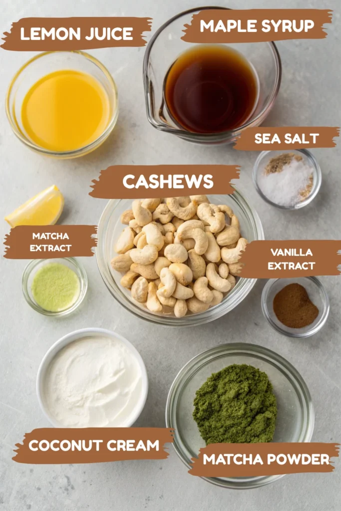 Raw Vegan Matcha Cheesecake Recipe 18 Raw vegan matcha cheesecake filling ingredients on a table