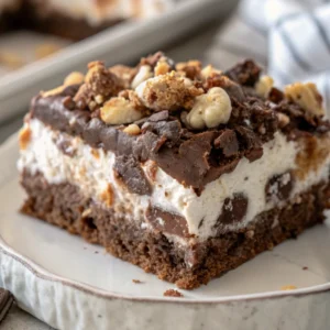 Slice of rocky road ice cream cake with chocolate, marshmallows, and nuts