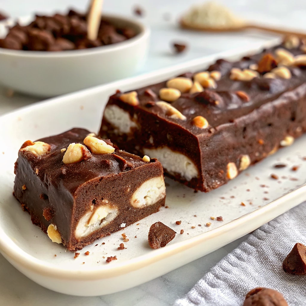 Rocky Road Ice Cream Without Nuts 25 Close-up of sliced Rocky Road Ice Cream Without Nuts bar on a white rectangular plate with chocolate chunks and marshmallows