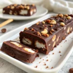 Rocky Road Ice Cream Without Nuts 26 Sliced Rocky Road Ice Cream Without Nuts bar with visible marshmallows and chocolate chips on a white plate